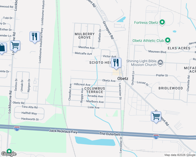 map of restaurants, bars, coffee shops, grocery stores, and more near 1710 Obetz Avenue in Obetz