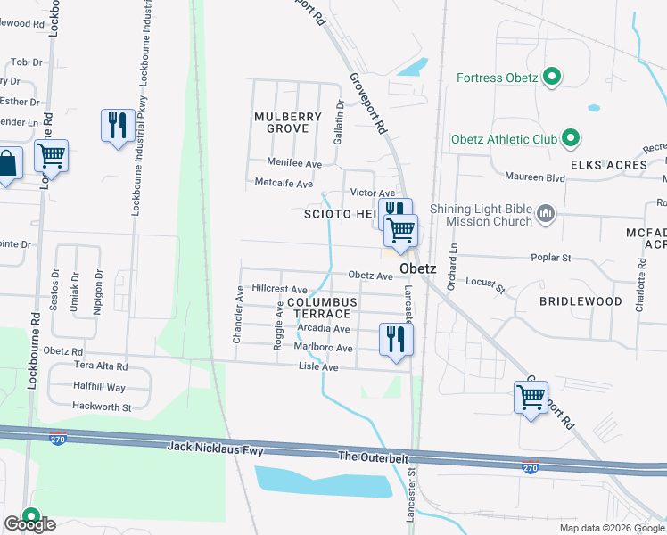 map of restaurants, bars, coffee shops, grocery stores, and more near 1710 Obetz Avenue in Obetz