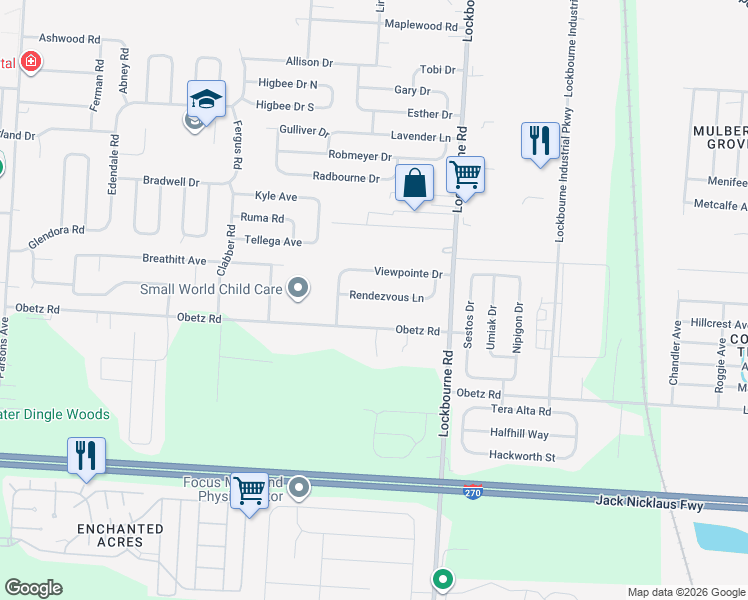 map of restaurants, bars, coffee shops, grocery stores, and more near 1082 Rendezvous Lane in Columbus