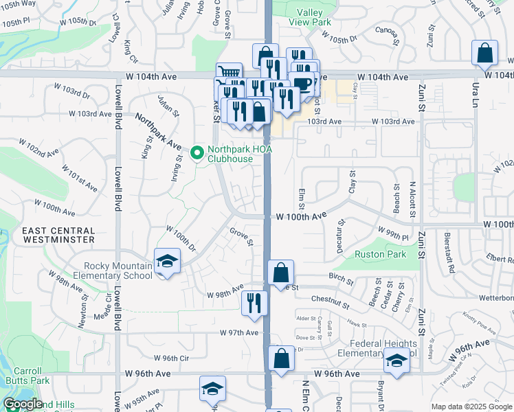 map of restaurants, bars, coffee shops, grocery stores, and more near 10048 North Grove Loop in Westminster