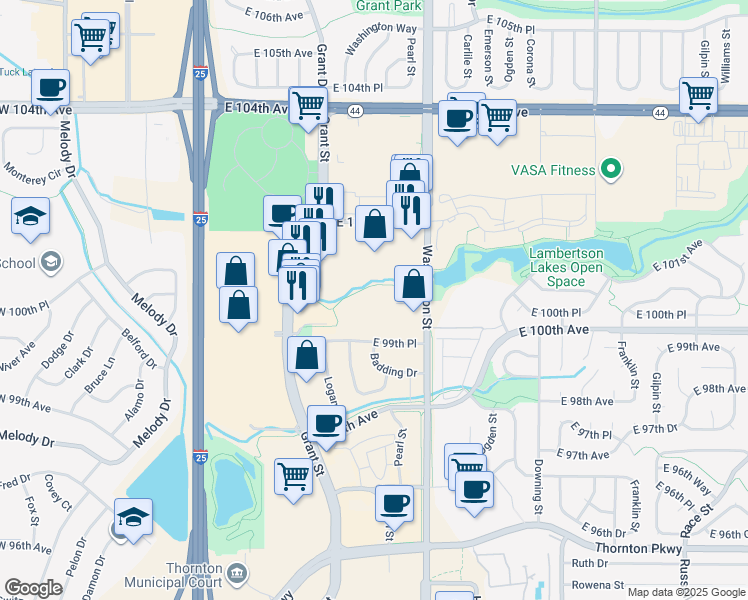 map of restaurants, bars, coffee shops, grocery stores, and more near 10101 Washington Street in Thornton
