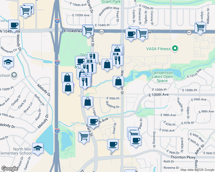 map of restaurants, bars, coffee shops, grocery stores, and more near 10101 Washington Street in Thornton