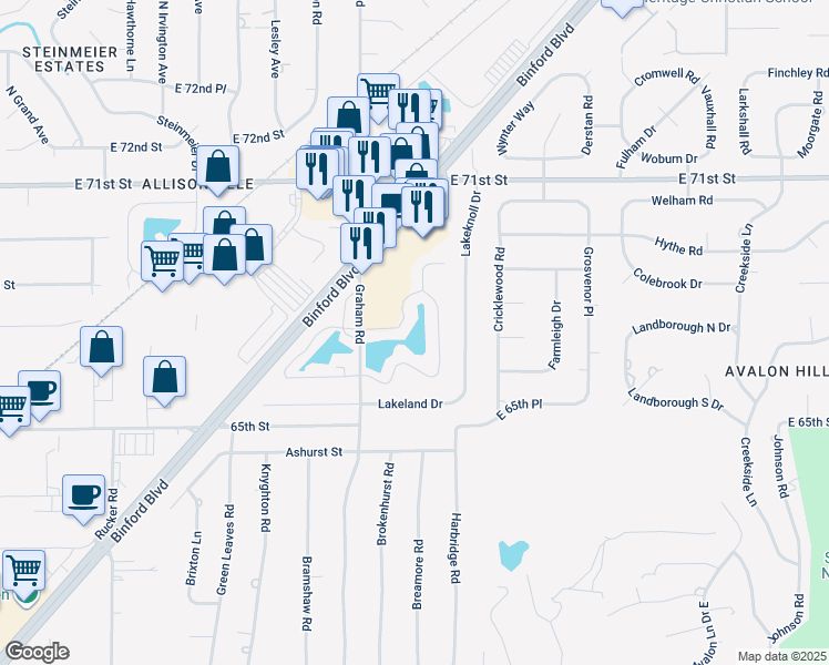 map of restaurants, bars, coffee shops, grocery stores, and more near 5850 Laketon Drive in Indianapolis