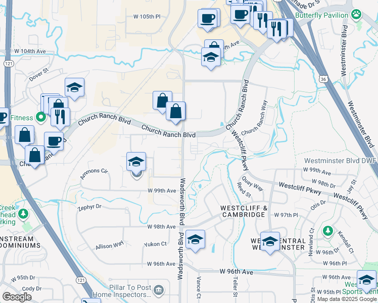 map of restaurants, bars, coffee shops, grocery stores, and more near 10020 Wadsworth Boulevard in Westminster