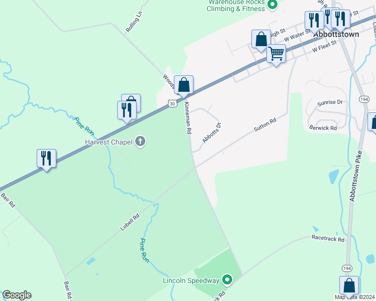 map of restaurants, bars, coffee shops, grocery stores, and more near 141 Kinneman Road in Abbottstown