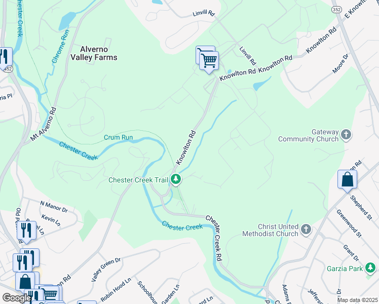 map of restaurants, bars, coffee shops, grocery stores, and more near 236 Knowlton Road in Media