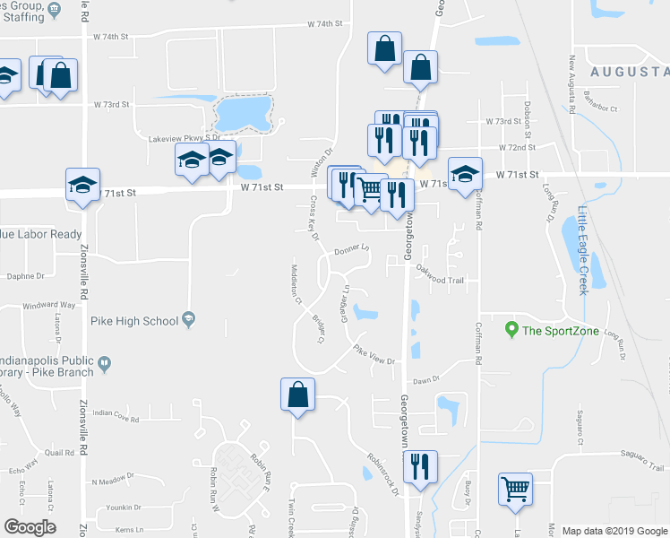 map of restaurants, bars, coffee shops, grocery stores, and more near 6847 Cross Key Drive in Indianapolis
