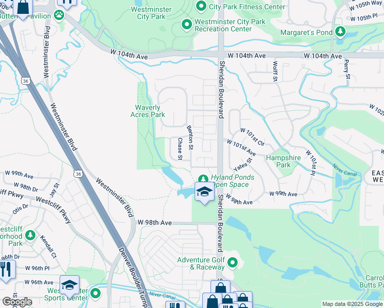 map of restaurants, bars, coffee shops, grocery stores, and more near 20 Benton Street in Westminster