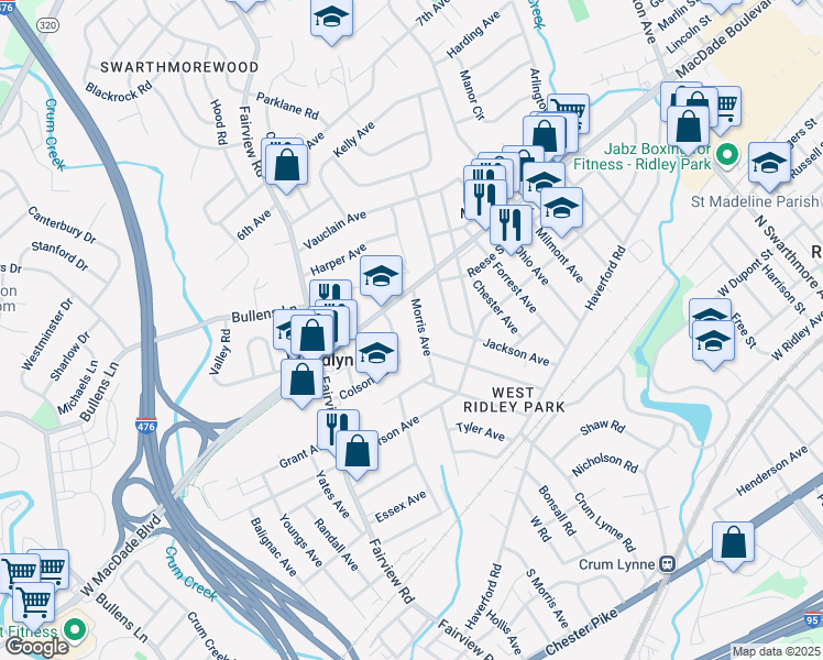 map of restaurants, bars, coffee shops, grocery stores, and more near 235 Morris Avenue in Woodlyn