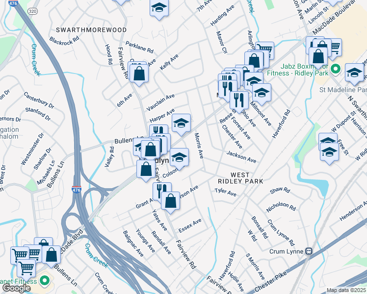 map of restaurants, bars, coffee shops, grocery stores, and more near 1201 School Lane in Woodlyn