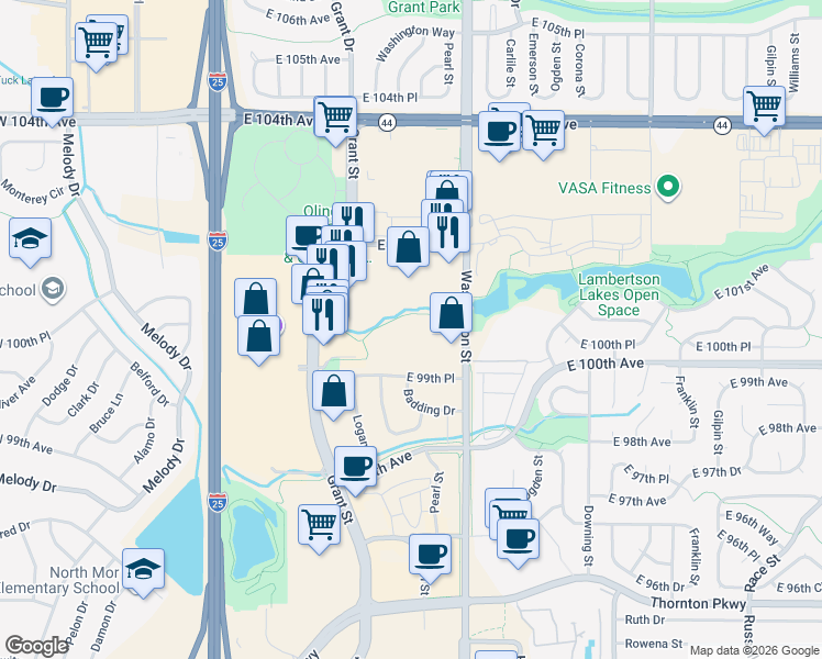 map of restaurants, bars, coffee shops, grocery stores, and more near 10101 Washington Street in Thornton