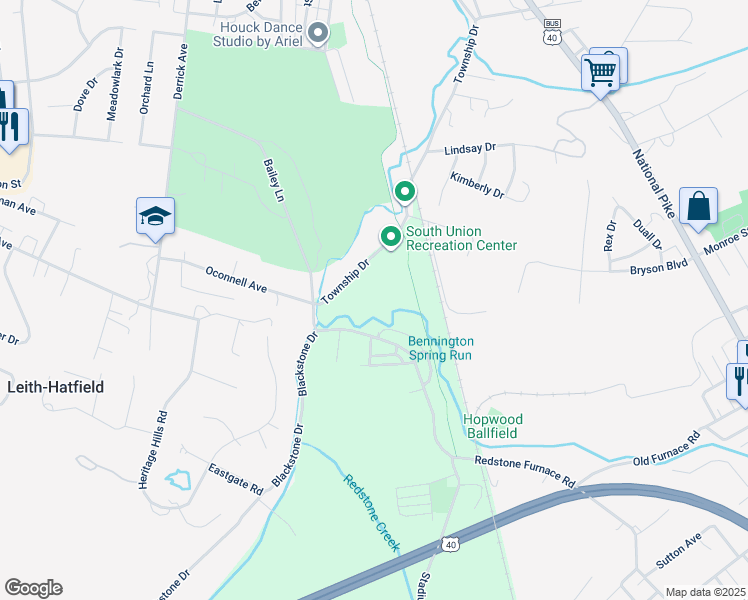 map of restaurants, bars, coffee shops, grocery stores, and more near 219 Longsite Drive in Uniontown