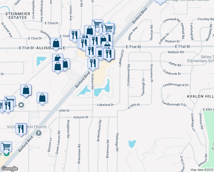 map of restaurants, bars, coffee shops, grocery stores, and more near 6710 Winnock Drive in Indianapolis