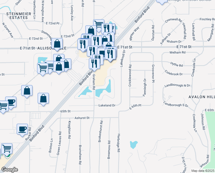 map of restaurants, bars, coffee shops, grocery stores, and more near 6710 Winnock Drive in Indianapolis