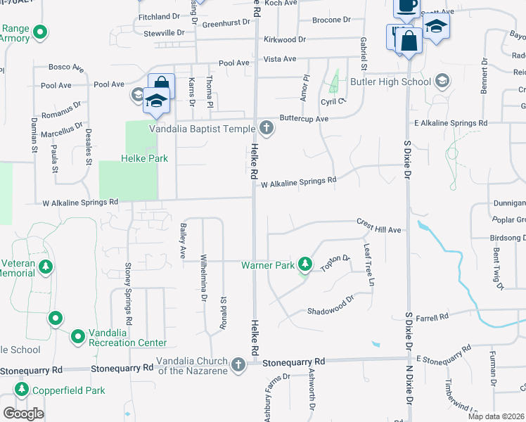 map of restaurants, bars, coffee shops, grocery stores, and more near 1005 Woodland Meadows Drive in Vandalia