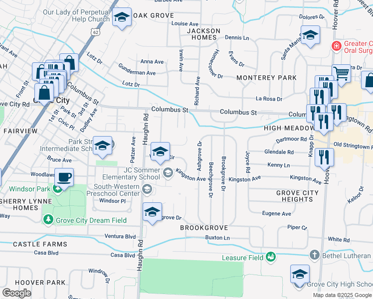 map of restaurants, bars, coffee shops, grocery stores, and more near 2953 Sawyer Court in Grove City