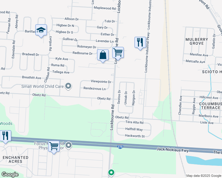 map of restaurants, bars, coffee shops, grocery stores, and more near 1193 Rendezvous Lane in Columbus