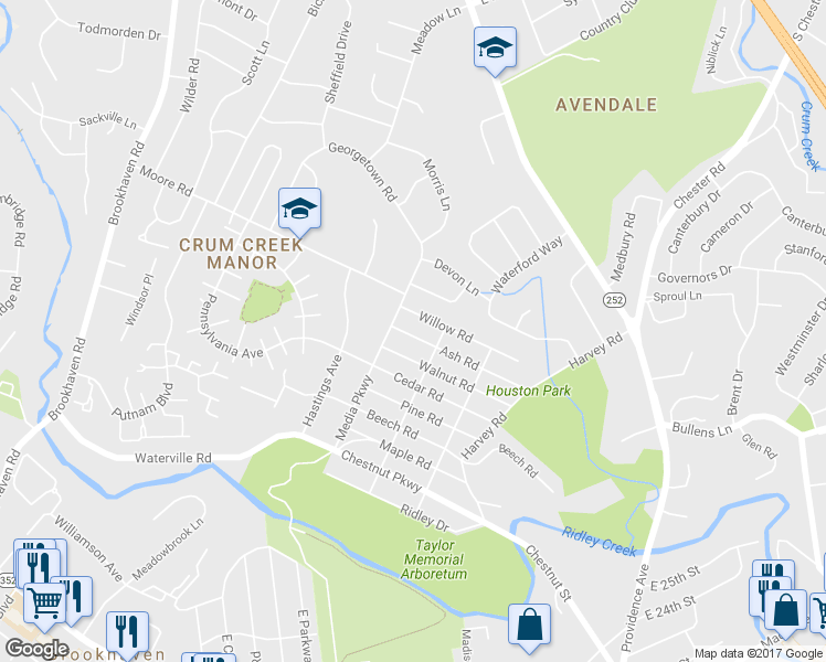 map of restaurants, bars, coffee shops, grocery stores, and more near 213 Ash Road in Nether Providence Township