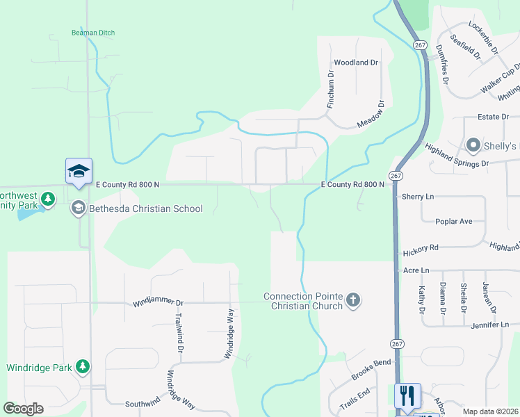 map of restaurants, bars, coffee shops, grocery stores, and more near 7025 East County Road 800 North in Brownsburg
