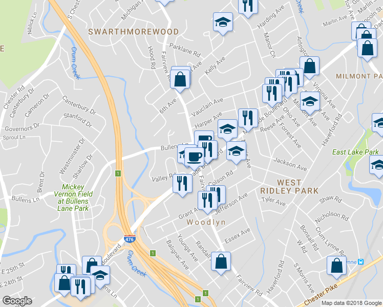map of restaurants, bars, coffee shops, grocery stores, and more near 315 Fairview Road in Woodlyn
