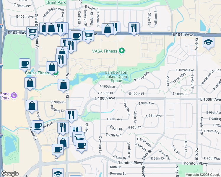 map of restaurants, bars, coffee shops, grocery stores, and more near 1334 East 100th Lane in Thornton