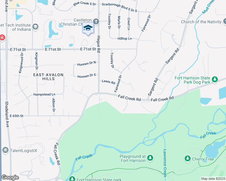map of restaurants, bars, coffee shops, grocery stores, and more near 7734 Fall Creek Road in Indianapolis