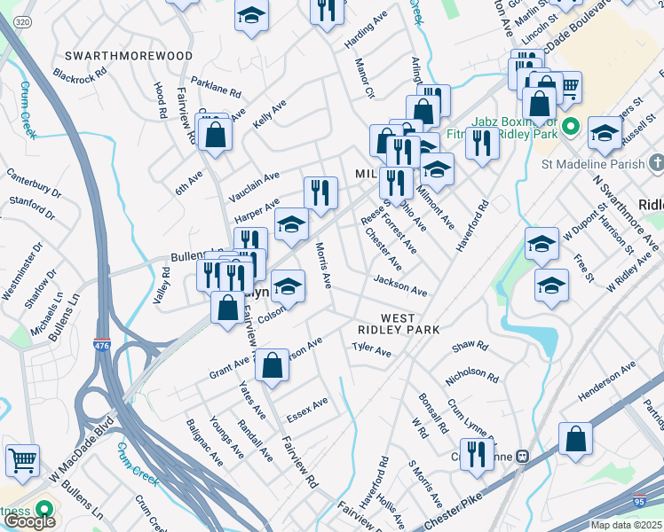 map of restaurants, bars, coffee shops, grocery stores, and more near 242 Morris Avenue in Woodlyn