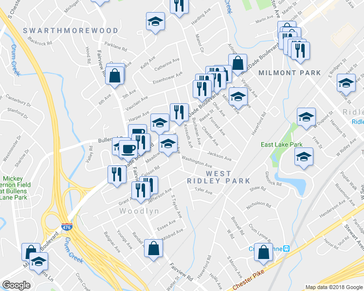 map of restaurants, bars, coffee shops, grocery stores, and more near 242 Morris Avenue in Woodlyn