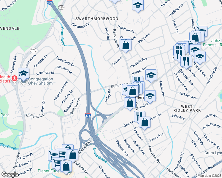 map of restaurants, bars, coffee shops, grocery stores, and more near 1354 Valley Road in Woodlyn