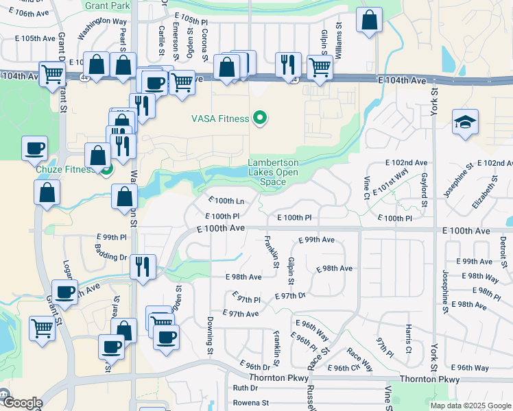 map of restaurants, bars, coffee shops, grocery stores, and more near 1462 East 100th Place in Thornton