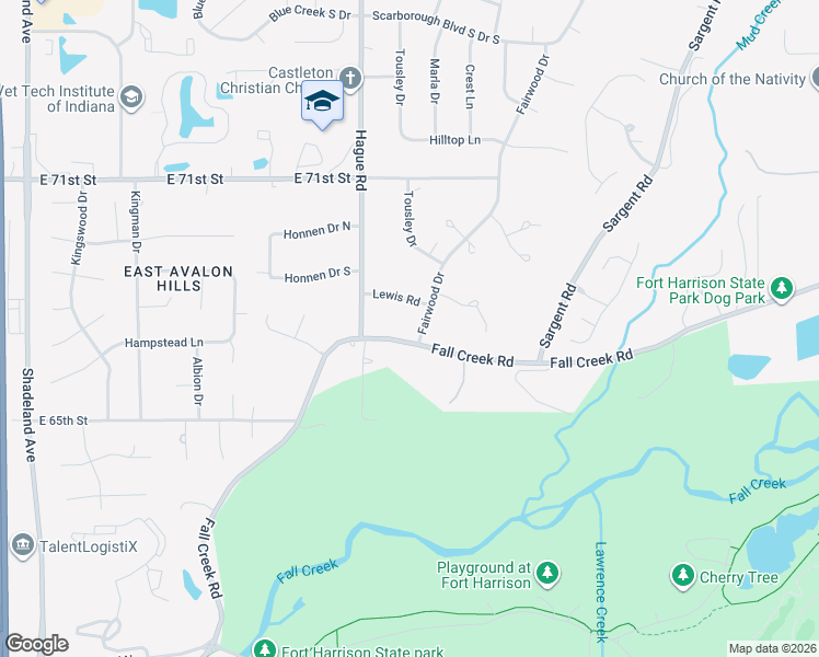 map of restaurants, bars, coffee shops, grocery stores, and more near 7734 Fall Creek Road in Indianapolis