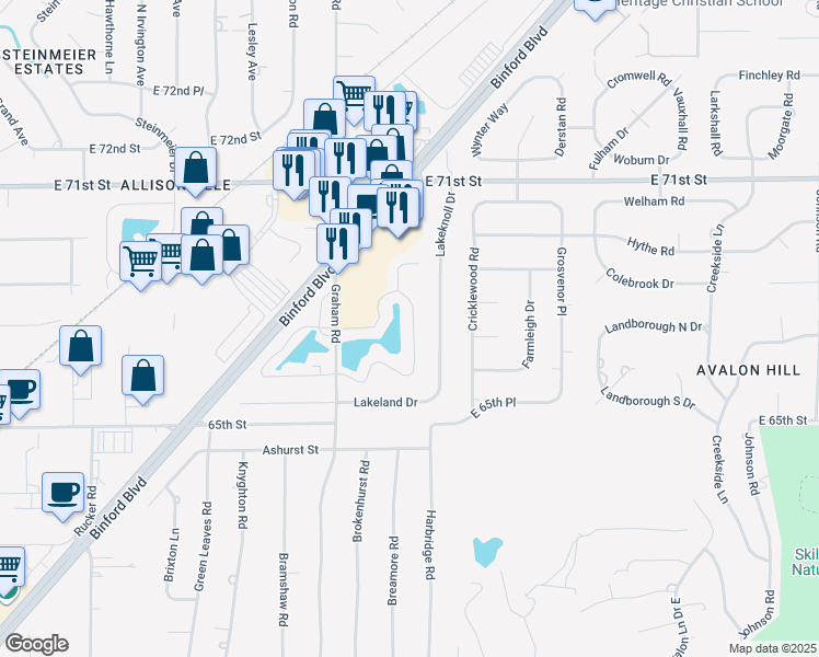 map of restaurants, bars, coffee shops, grocery stores, and more near 6710 Winnock Drive in Indianapolis