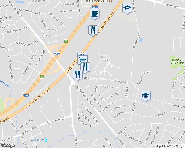 map of restaurants, bars, coffee shops, grocery stores, and more near 245 Derby Court in Cherry Hill