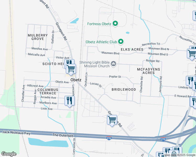 map of restaurants, bars, coffee shops, grocery stores, and more near 1977 Poplar Street in Obetz