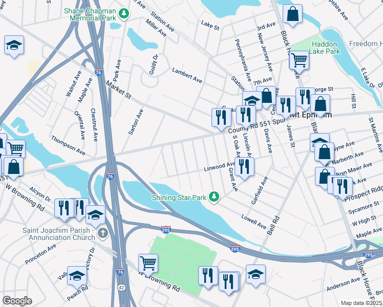 map of restaurants, bars, coffee shops, grocery stores, and more near 23 Roosevelt Avenue in Mount Ephraim
