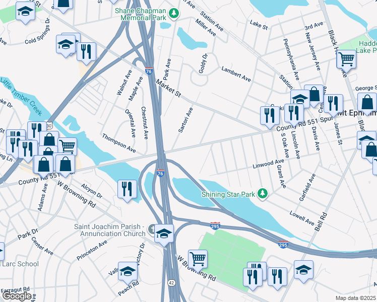 map of restaurants, bars, coffee shops, grocery stores, and more near 1142 West Kings Highway in Mount Ephraim