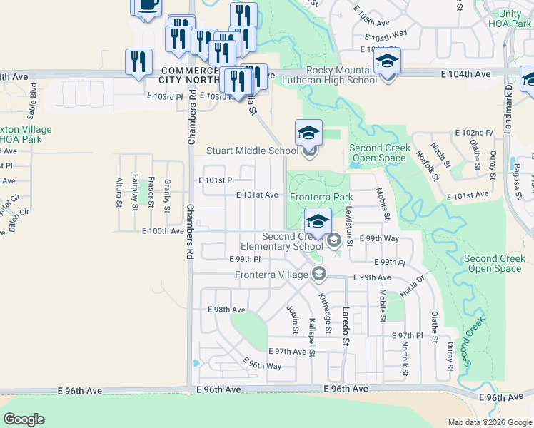 map of restaurants, bars, coffee shops, grocery stores, and more near 10059 Jasper Street in Commerce City