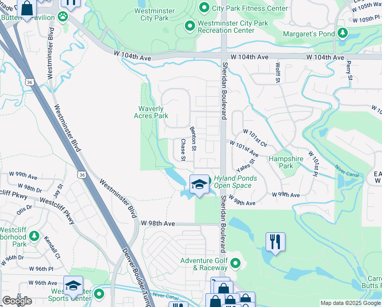 map of restaurants, bars, coffee shops, grocery stores, and more near 20 Benton Street in Westminster