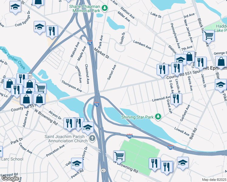 map of restaurants, bars, coffee shops, grocery stores, and more near 1142 West Kings Highway in Mount Ephraim