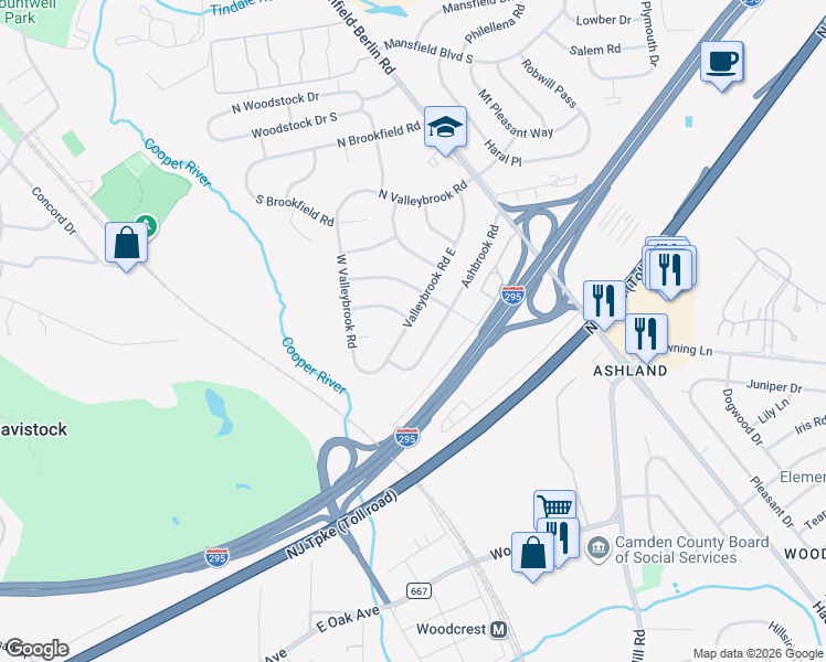 map of restaurants, bars, coffee shops, grocery stores, and more near 148 Valleybrook Road East in Cherry Hill Township