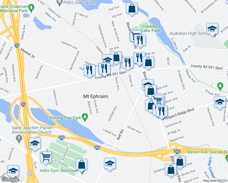 map of restaurants, bars, coffee shops, grocery stores, and more near 50 Washington Avenue in Mount Ephraim