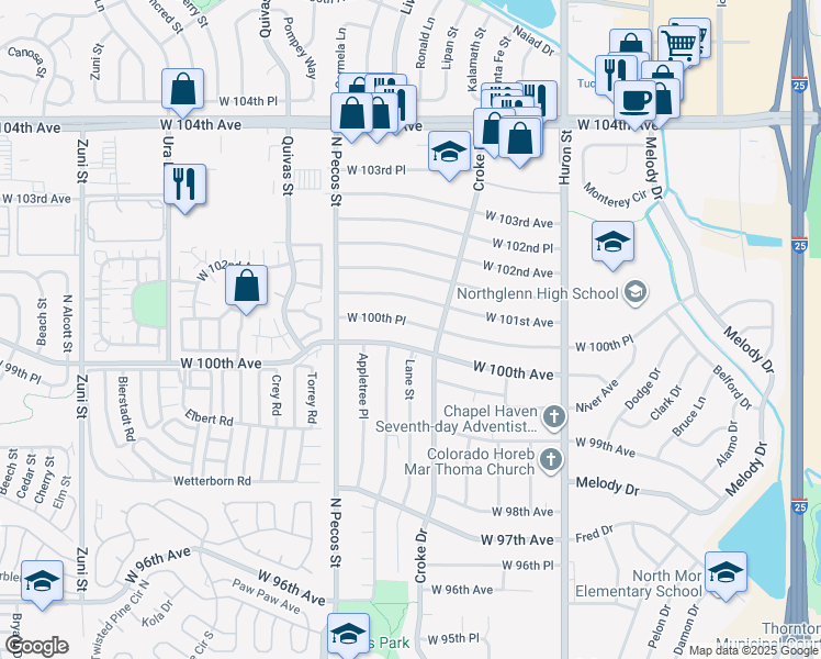 map of restaurants, bars, coffee shops, grocery stores, and more near 1282 West 100th Place in Northglenn