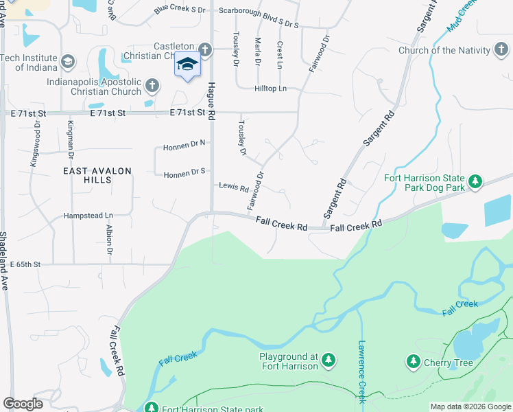 map of restaurants, bars, coffee shops, grocery stores, and more near 7734 Fall Creek Road in Indianapolis