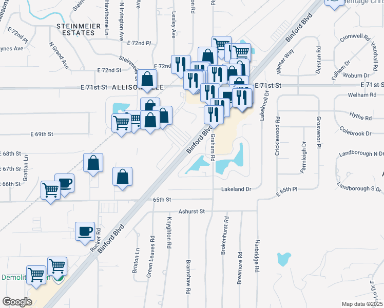 map of restaurants, bars, coffee shops, grocery stores, and more near 6712 Greenshire Drive in Indianapolis