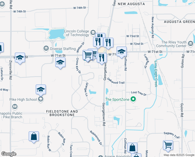 map of restaurants, bars, coffee shops, grocery stores, and more near 6902 Georgetown Road in Indianapolis