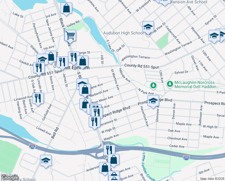 map of restaurants, bars, coffee shops, grocery stores, and more near 1918 Narberth Avenue in Haddon Heights
