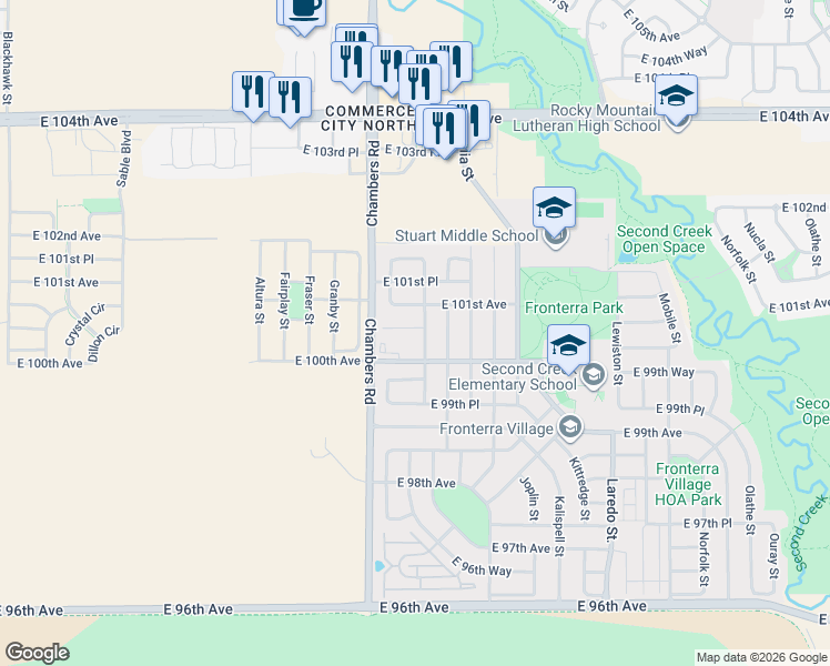 map of restaurants, bars, coffee shops, grocery stores, and more near 15352 East 100th Court in Commerce City