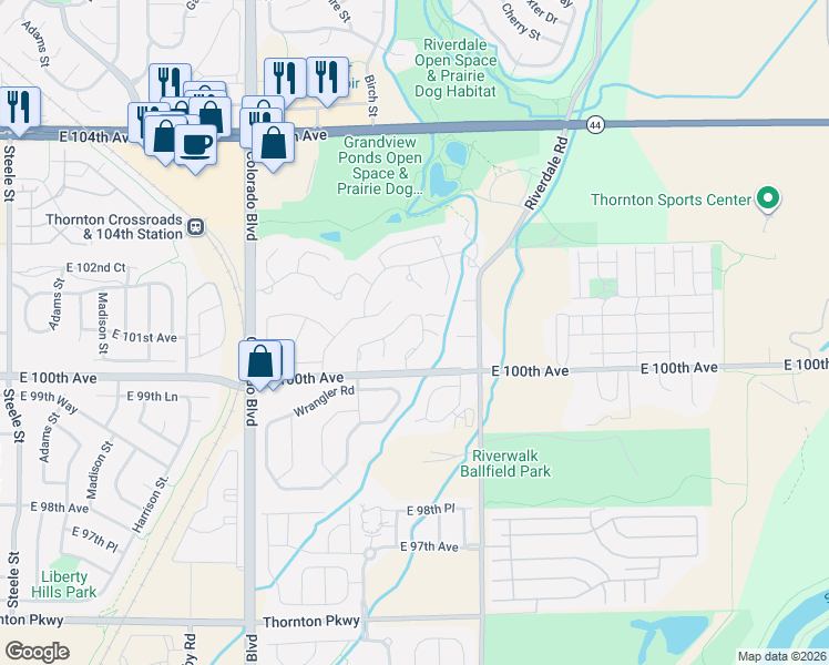 map of restaurants, bars, coffee shops, grocery stores, and more near 403 Conestoga Crossing in Thornton