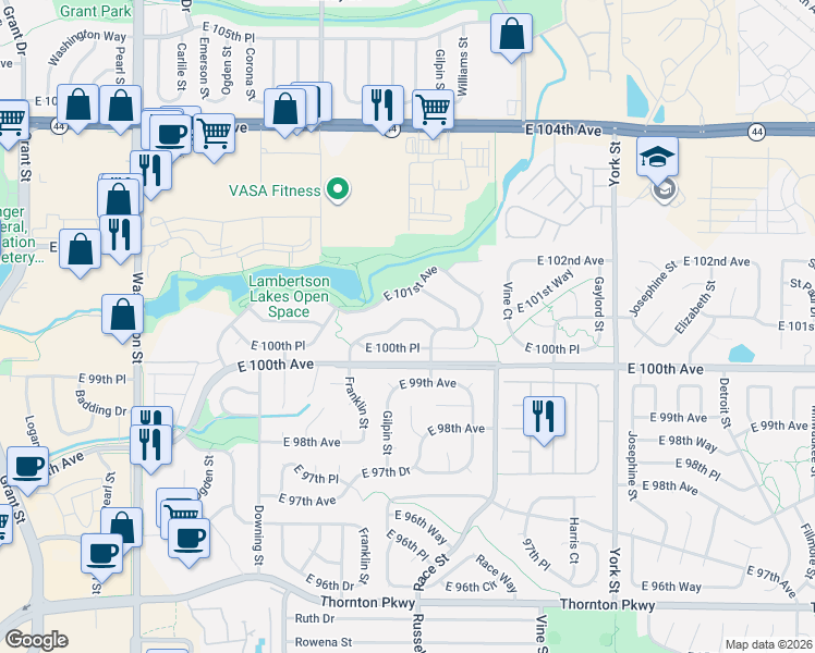 map of restaurants, bars, coffee shops, grocery stores, and more near 10044 Franklin Street in Thornton