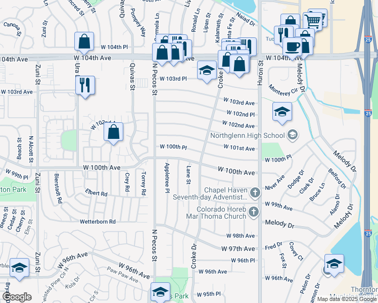 map of restaurants, bars, coffee shops, grocery stores, and more near 1282 West 100th Place in Northglenn